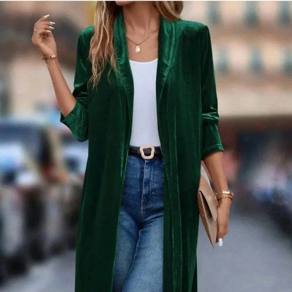 Shawl Collar Open Front Velvet Coat - Picture 3 of 5